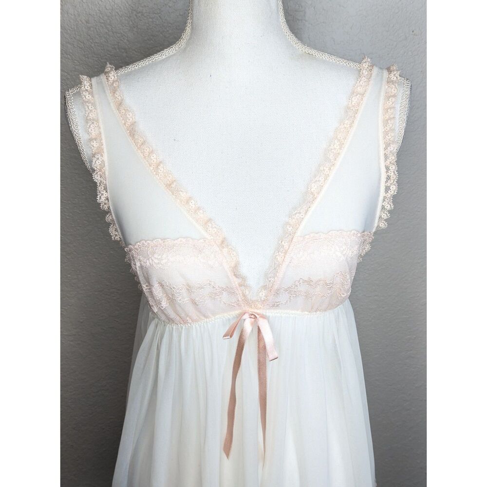Y2K Victoria's Secret Babydoll Nightie Lingerie Sz L Sheer White Peach Coquette - Picture 2 of 10